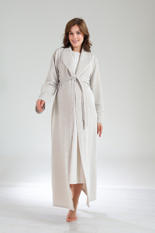 Bej  Şal Yaka Sabahlıklı Yumuşak Dokulu Lohusa Gecelik Takımı -1020