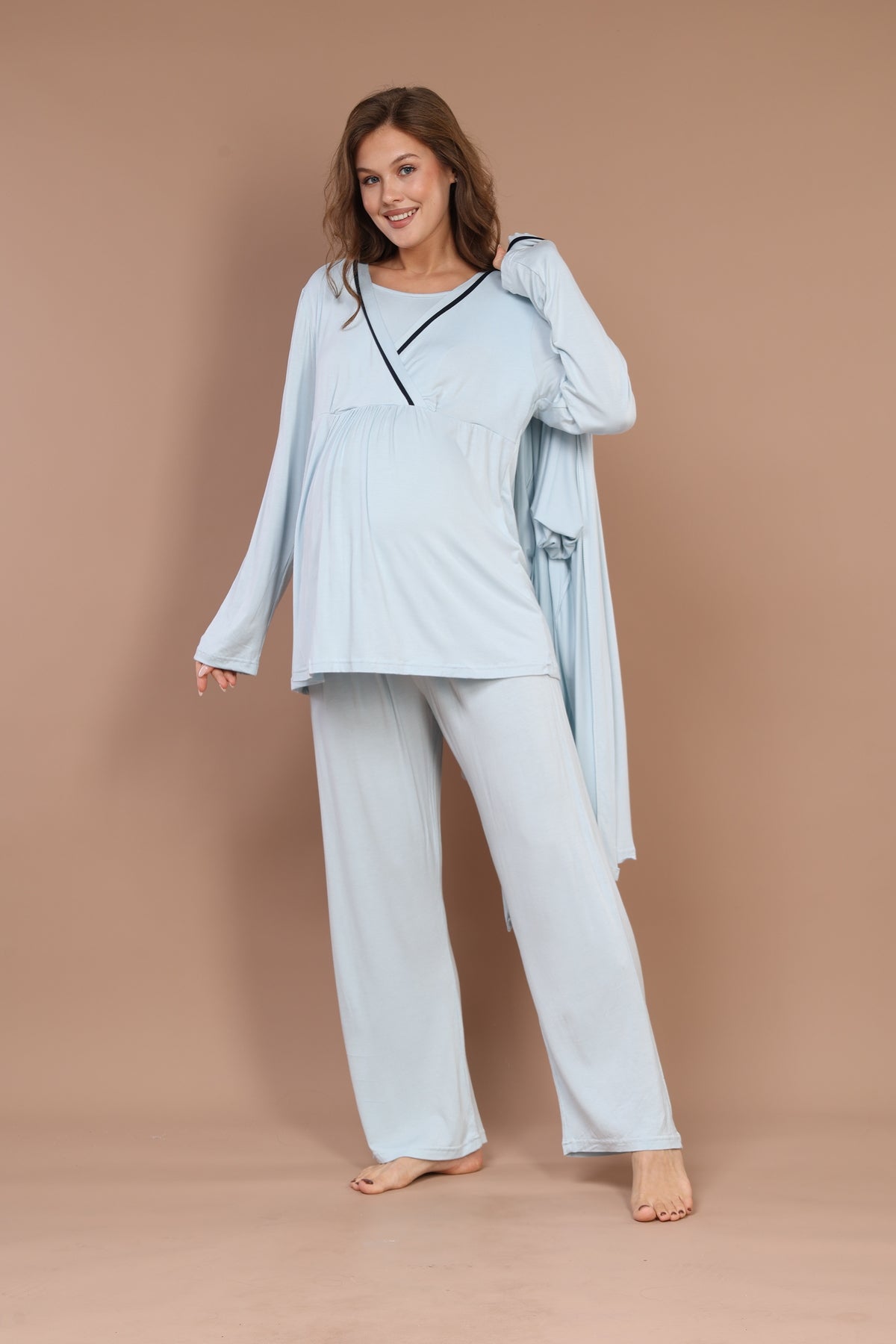 Mavi - %100 Pamuklu Uzun Kollu Sabahlıklı Biyeli Lohusa Pijama Takımı