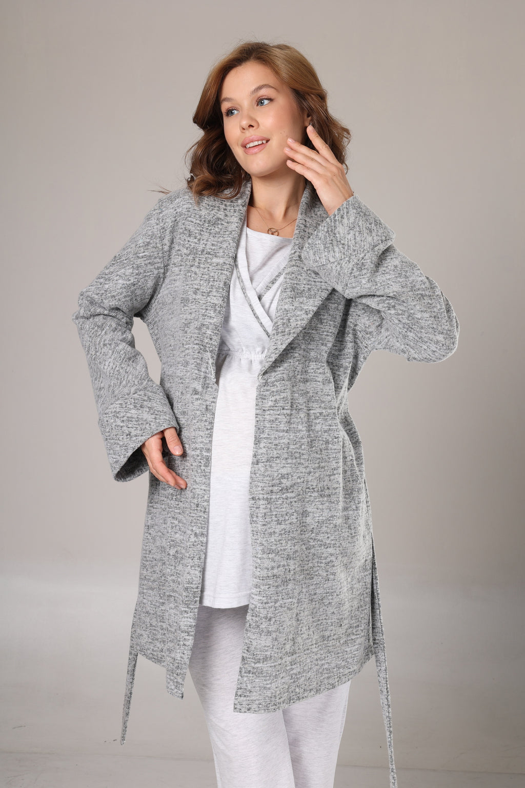 Gri Melanj - Kışlık Koyu Gri Sabahlıklı Emzirmeye Uygun Kruvaze Lohusa Pijama Takımı