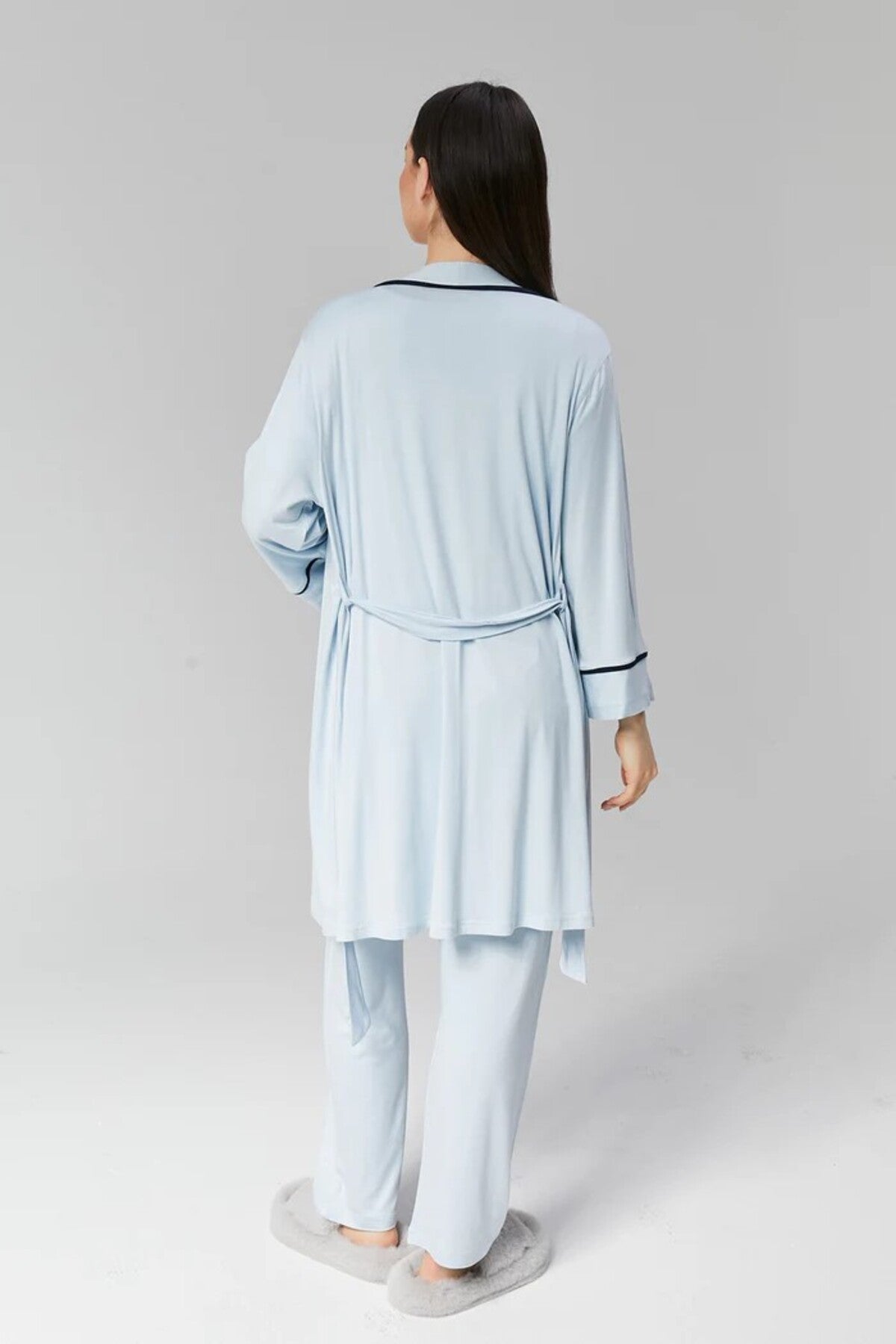 Mavi - Sabahlıklı Biye Geçişli Lohusa Pijama Takımı