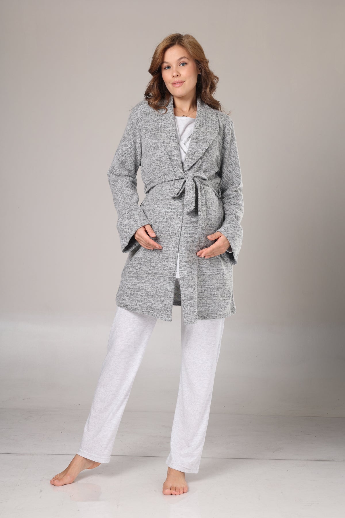 Gri Melanj - Kışlık Koyu Gri Sabahlıklı Emzirmeye Uygun Kruvaze Lohusa Pijama Takımı
