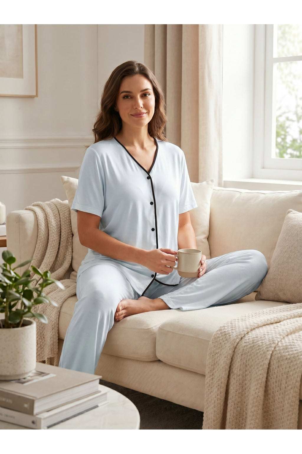 Mavi - Viscoz Yumuşak Dokulu Önden Düğmeli Sabahlıklı Lohusa Pijama Takımı