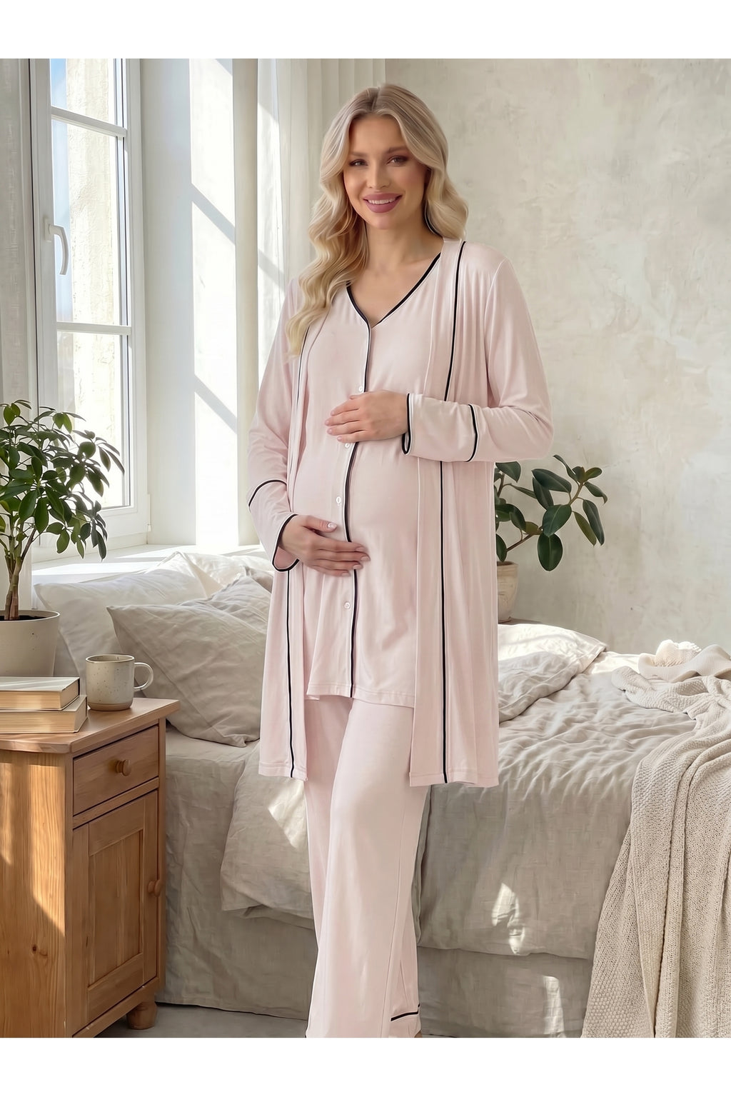 Pembe - Viscoz Yumuşak Dokulu Önden Düğmeli Sabahlıklı Lohusa Pijama Takımı
