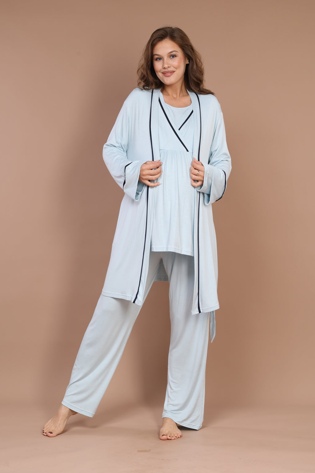 Mavi - %100 Pamuklu Uzun Kollu Sabahlıklı Biyeli Lohusa Pijama Takımı