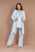 Mavi - %100 Pamuklu Uzun Kollu Sabahlıklı Biyeli Lohusa Pijama Takımı