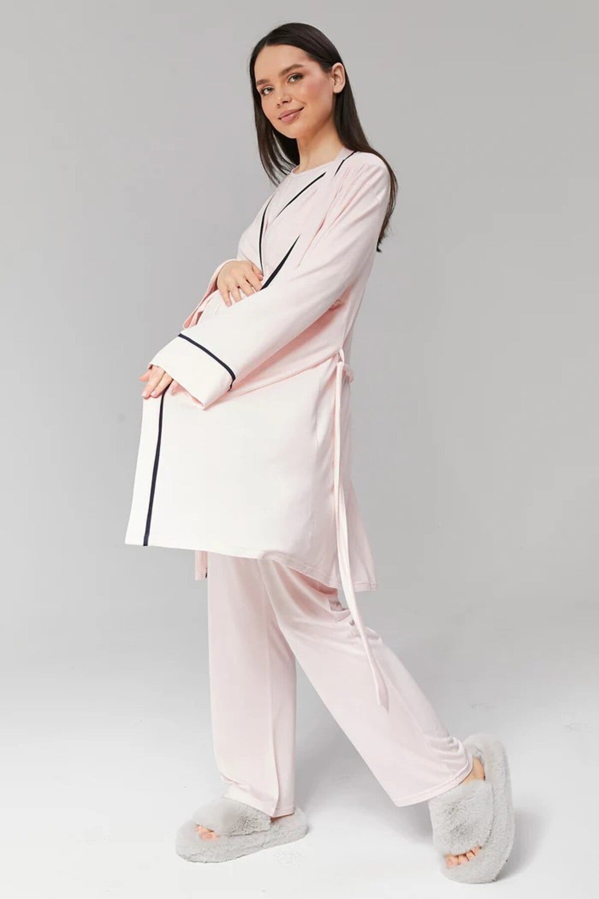 Pembe - Sabahlıklı Biye Geçişli Lohusa Pijama Takımı