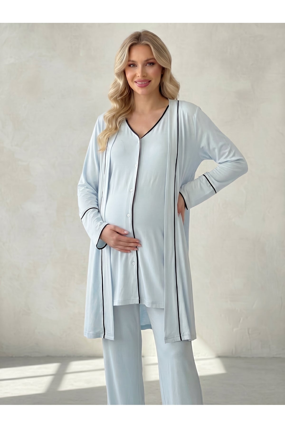 Mavi - Viscoz Yumuşak Dokulu Önden Düğmeli Sabahlıklı Lohusa Pijama Takımı