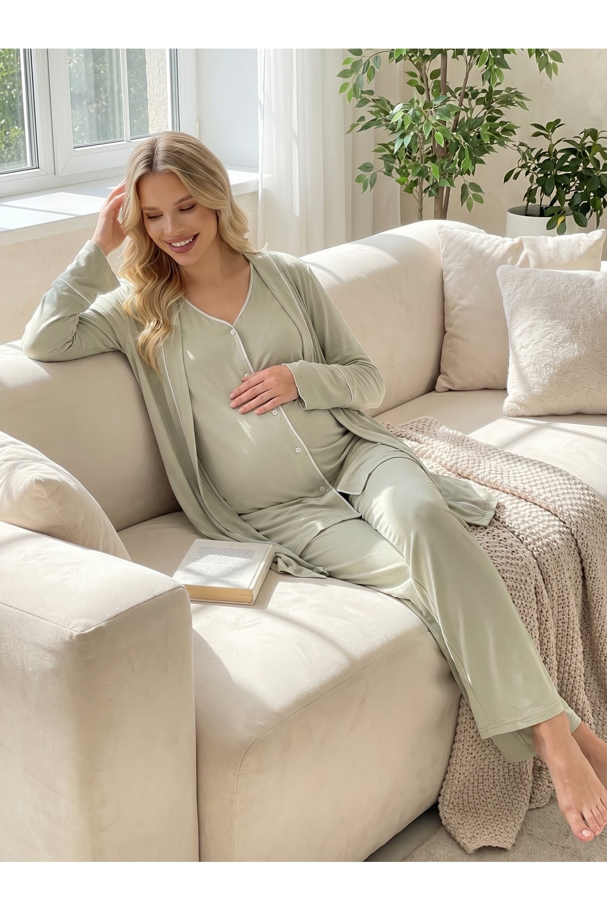 Yeşil - Viscoz Yumuşak Dokulu Önden Düğmeli Sabahlıklı Lohusa Pijama Takımı