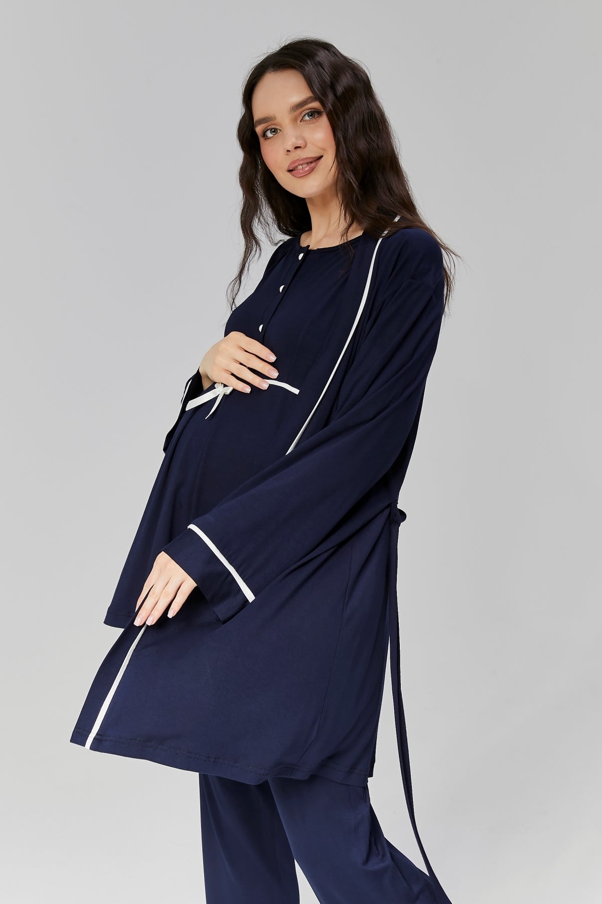 Lacivert - Sabahlıklı Biye Geçişli Lohusa Pijama Takımı