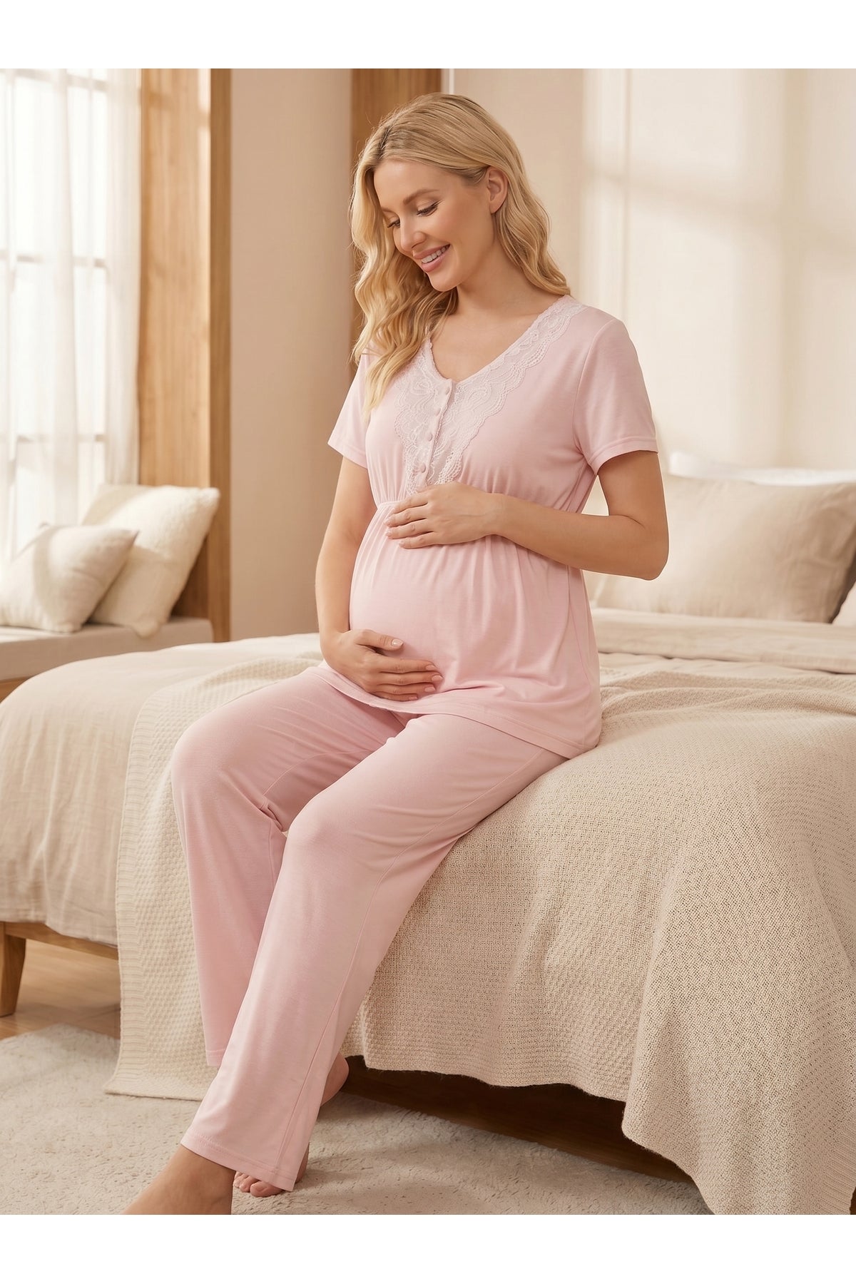 Pembe - Çizgili Dantel Detaylı Sabahlıklı Lohusa Pijama Takımı