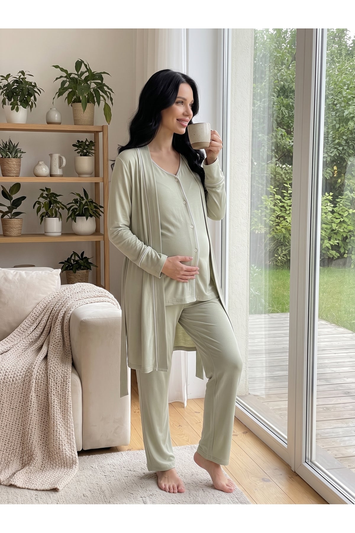 Yeşil Önden Düğmeli Sabahlıklı Lohusa & Hamile Pijama Takımı