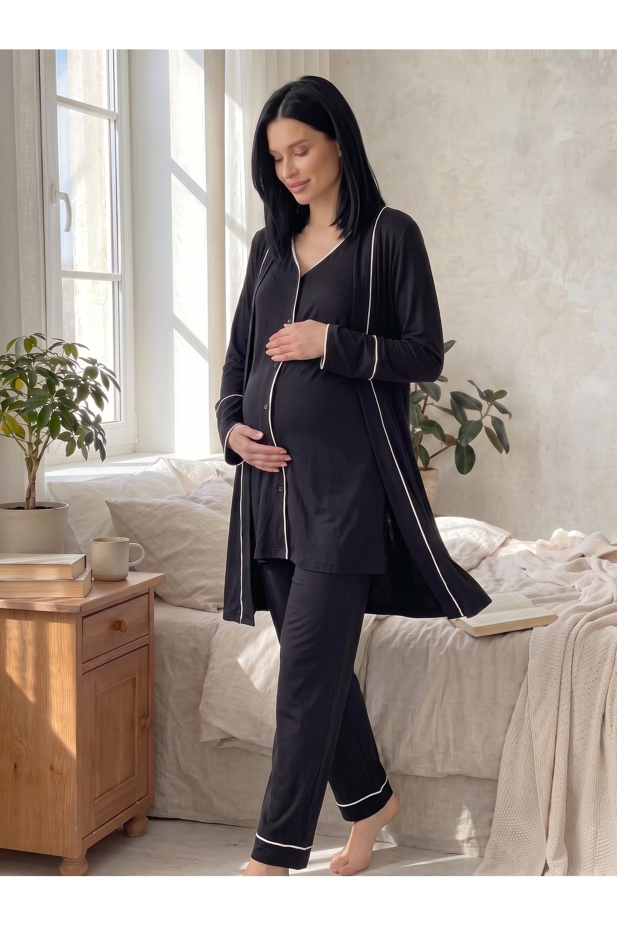Kadın Siyah Emzirme Uyumlu Düğmeli Sabahlıklı 3'lü Lohusa Pijama Takımı