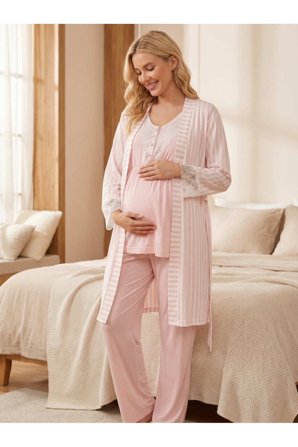 Pembe - Çizgili Dantel Detaylı Sabahlıklı Lohusa Pijama Takımı