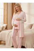 Pembe - Çizgili Dantel Detaylı Sabahlıklı Lohusa Pijama Takımı