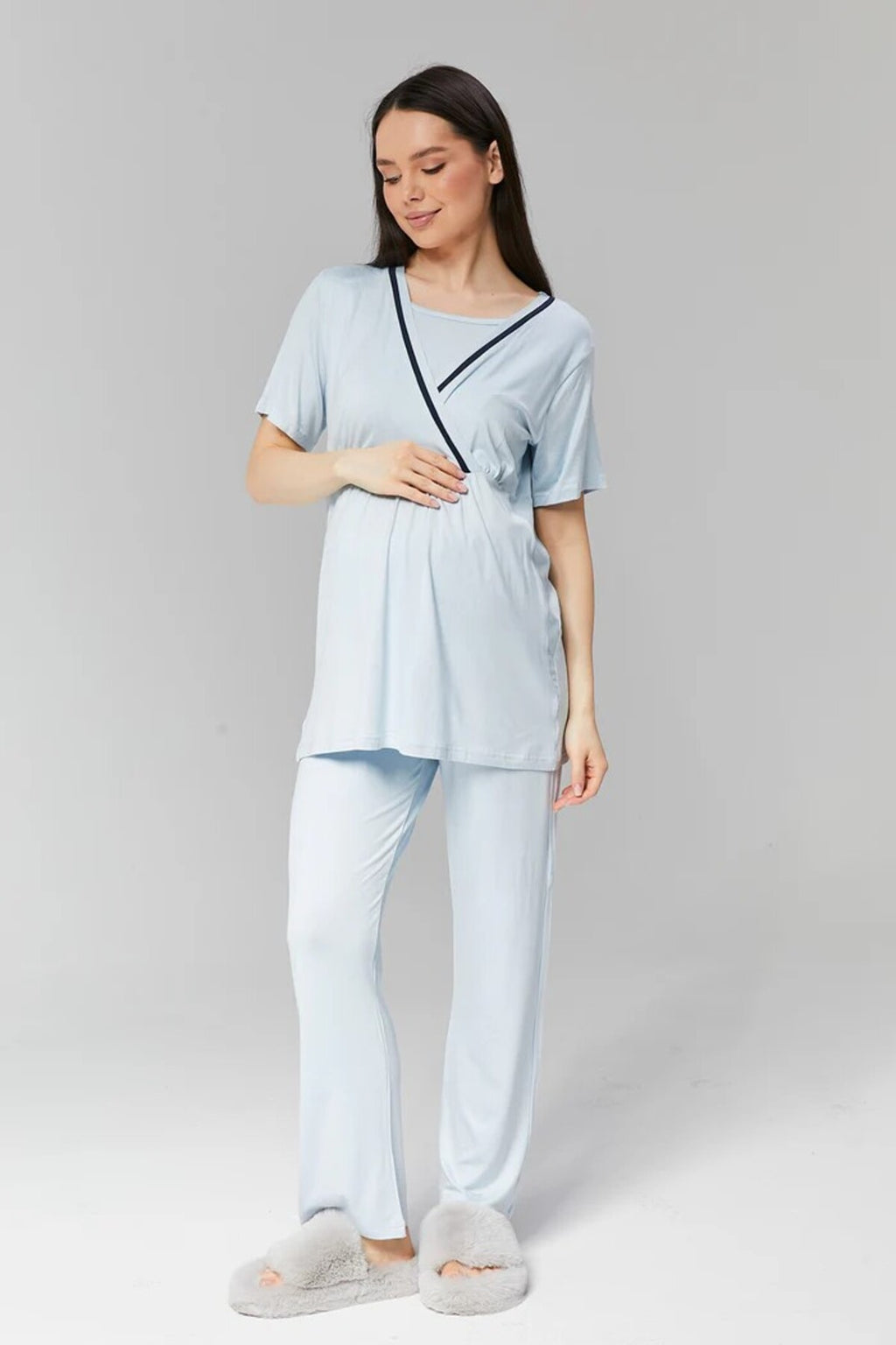 Mavi - Sabahlıklı Biye Geçişli Lohusa Pijama Takımı