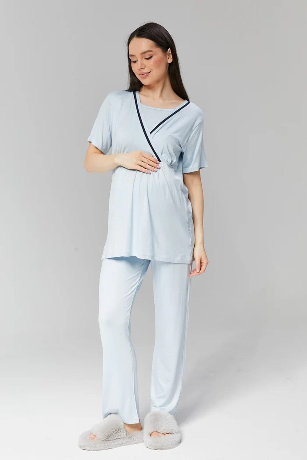Mavi - Sabahlıklı Biye Geçişli Lohusa Pijama Takımı