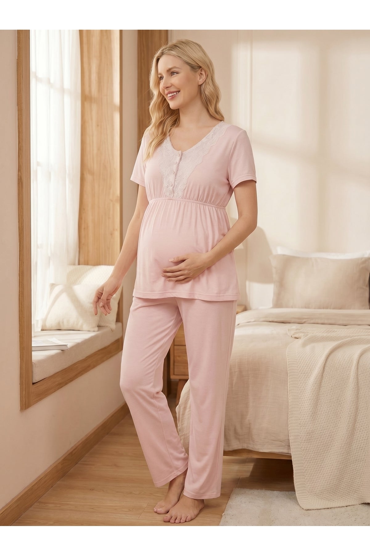 Pembe - Çizgili Dantel Detaylı Sabahlıklı Lohusa Pijama Takımı