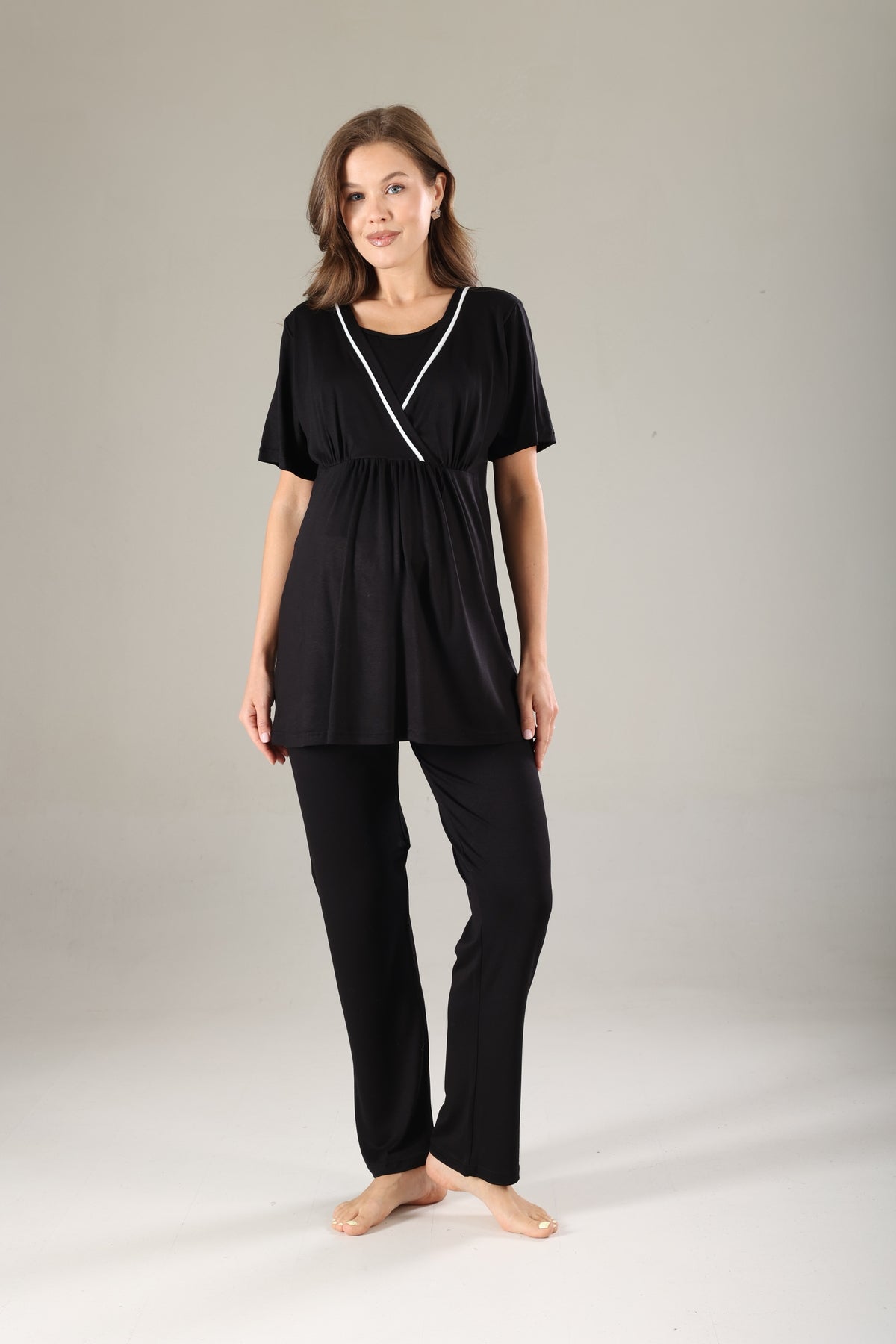 Siyah - Sabahlıklı Biye Geçişli Lohusa Pijama Takımı