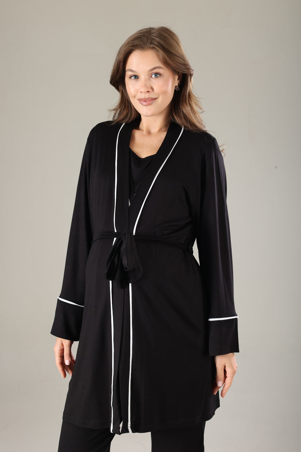Siyah - Sabahlıklı Biye Geçişli Lohusa Pijama Takımı