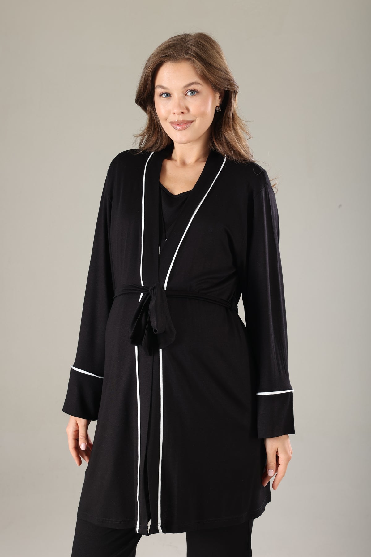 Siyah - Sabahlıklı Biye Geçişli Lohusa Pijama Takımı