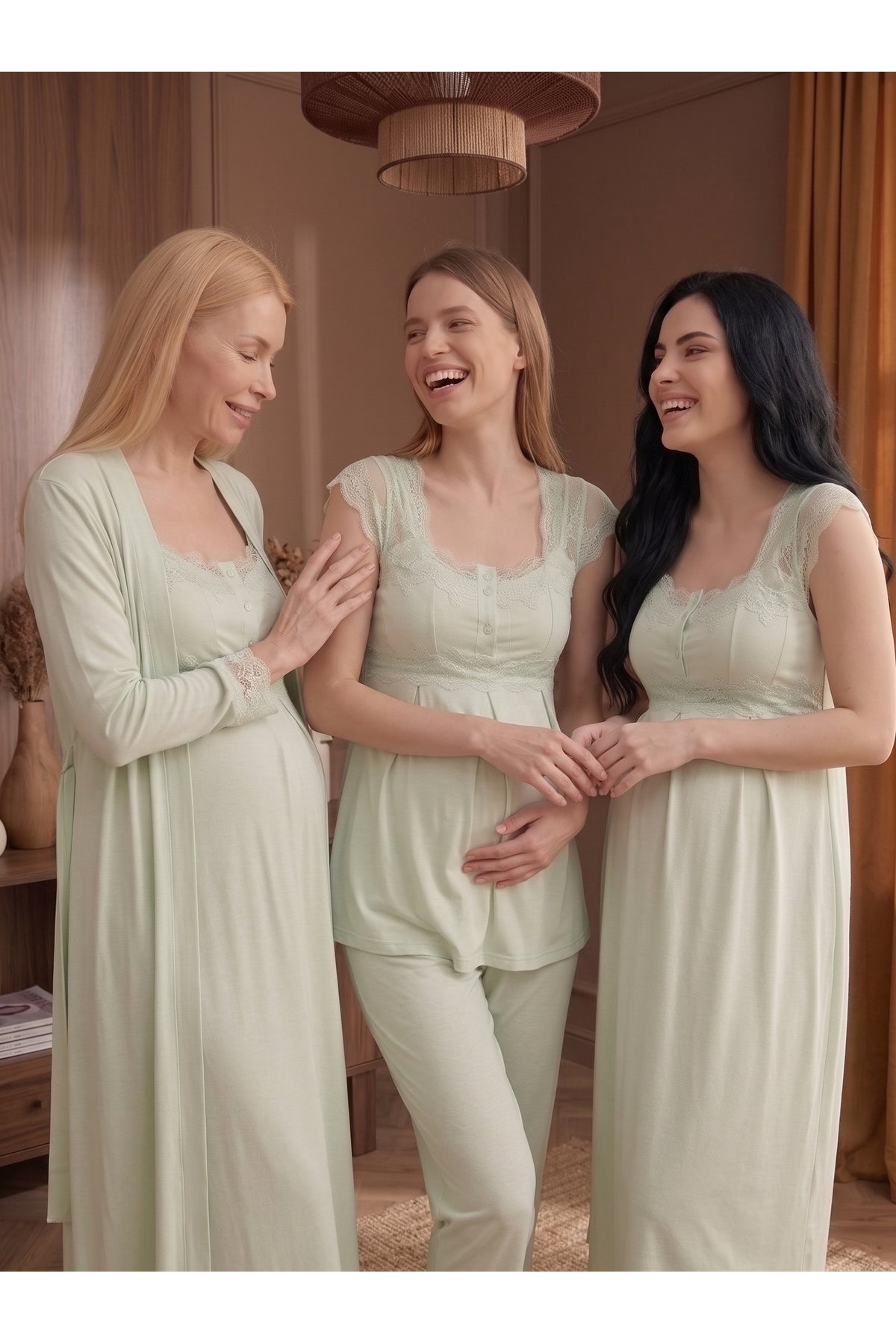Yeşil - Dantel Detaylı Sabahlıklı Lohusa Gecelik & Pijama Takımı 4'lü Doğum Seti