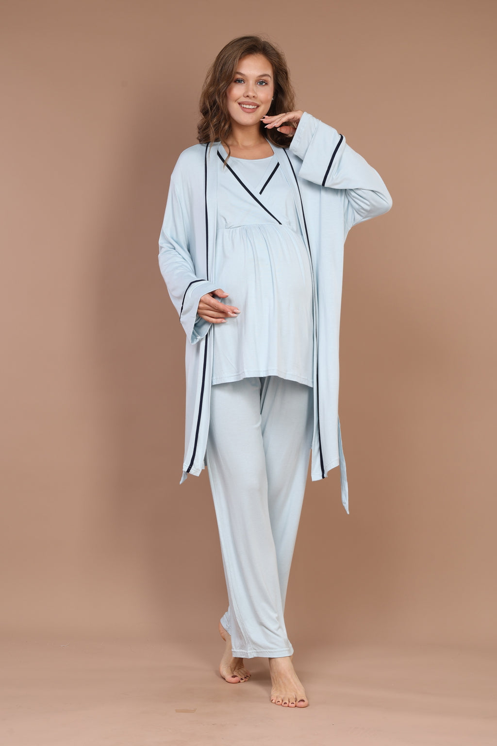 Mavi - %100 Pamuklu Uzun Kollu Sabahlıklı Biyeli Lohusa Pijama Takımı