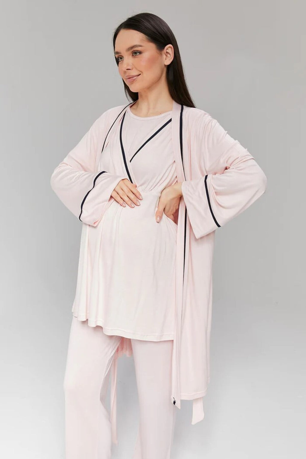 Pembe - Sabahlıklı Biye Geçişli Lohusa Pijama Takımı