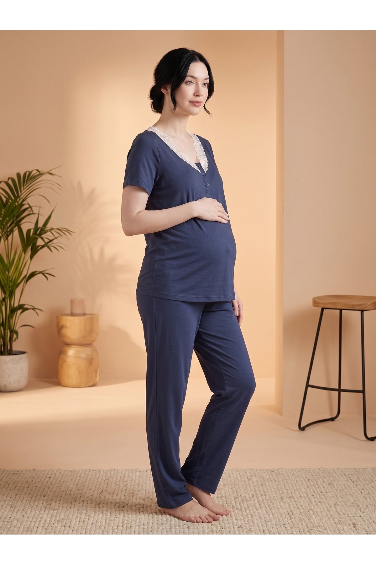 Lacivert Kalp Desenli 3'lü Sabahlıklı Lohusa & Hamile Pijama Takımı