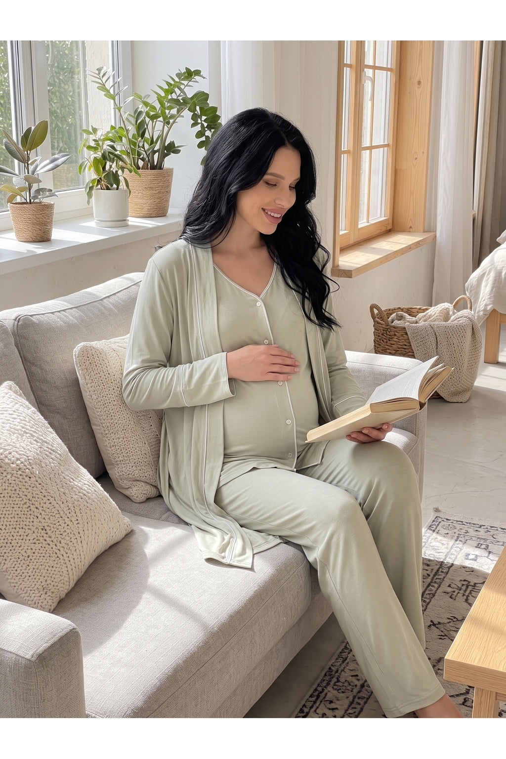 Yeşil Önden Düğmeli Sabahlıklı Lohusa & Hamile Pijama Takımı