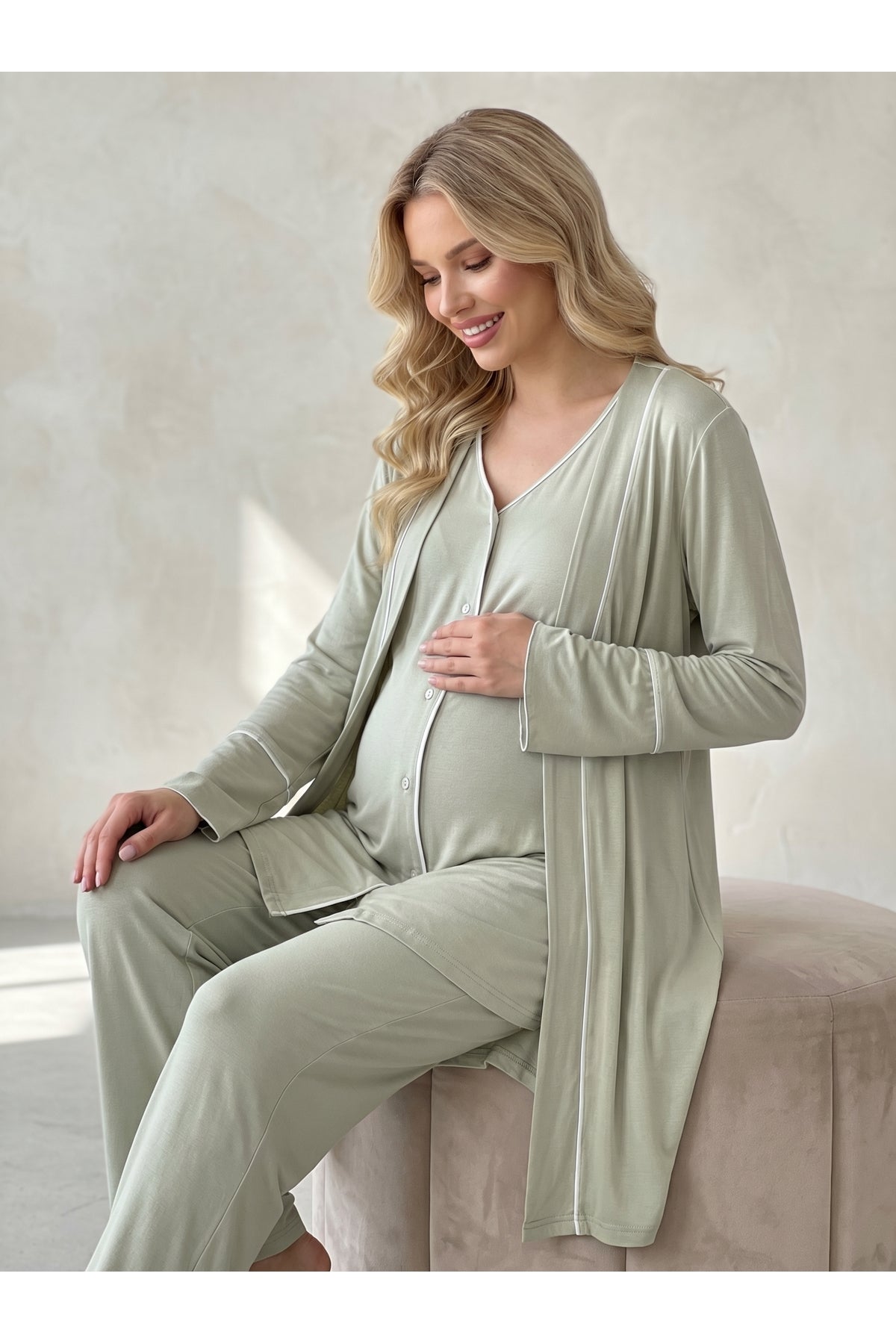 Yeşil - Viscoz Yumuşak Dokulu Önden Düğmeli Sabahlıklı Lohusa Pijama Takımı