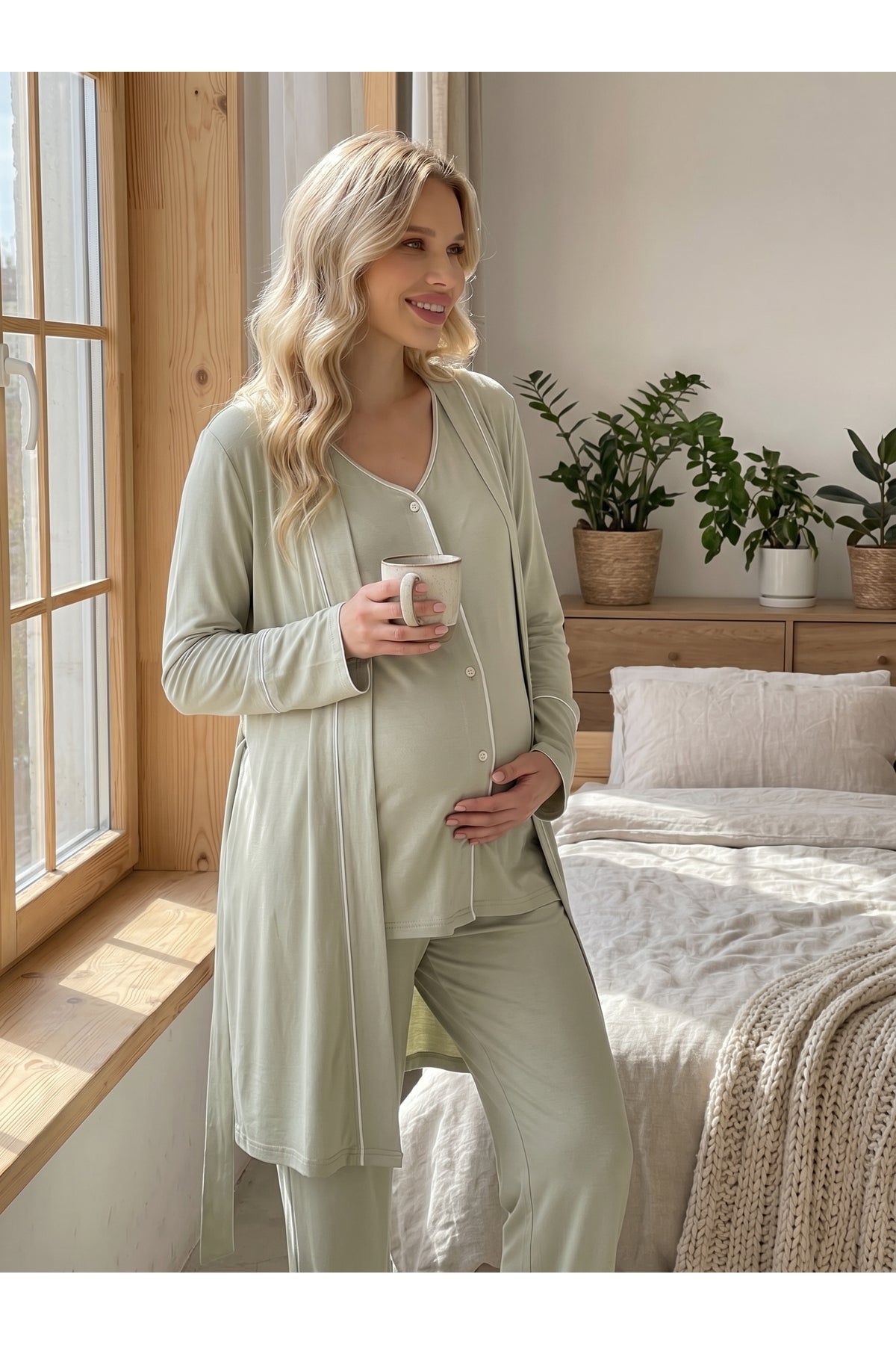 Yeşil - Viscoz Yumuşak Dokulu Önden Düğmeli Sabahlıklı Lohusa Pijama Takımı