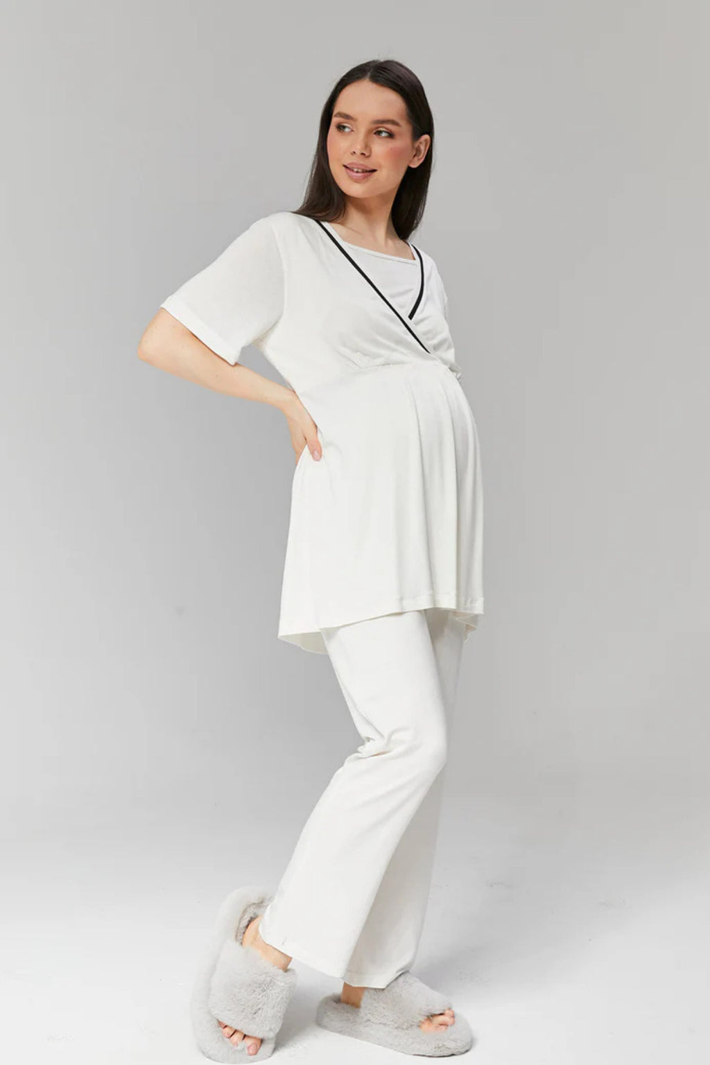 Ekru - Sabahlıklı Biye Geçişli Lohusa Pijama Takımı