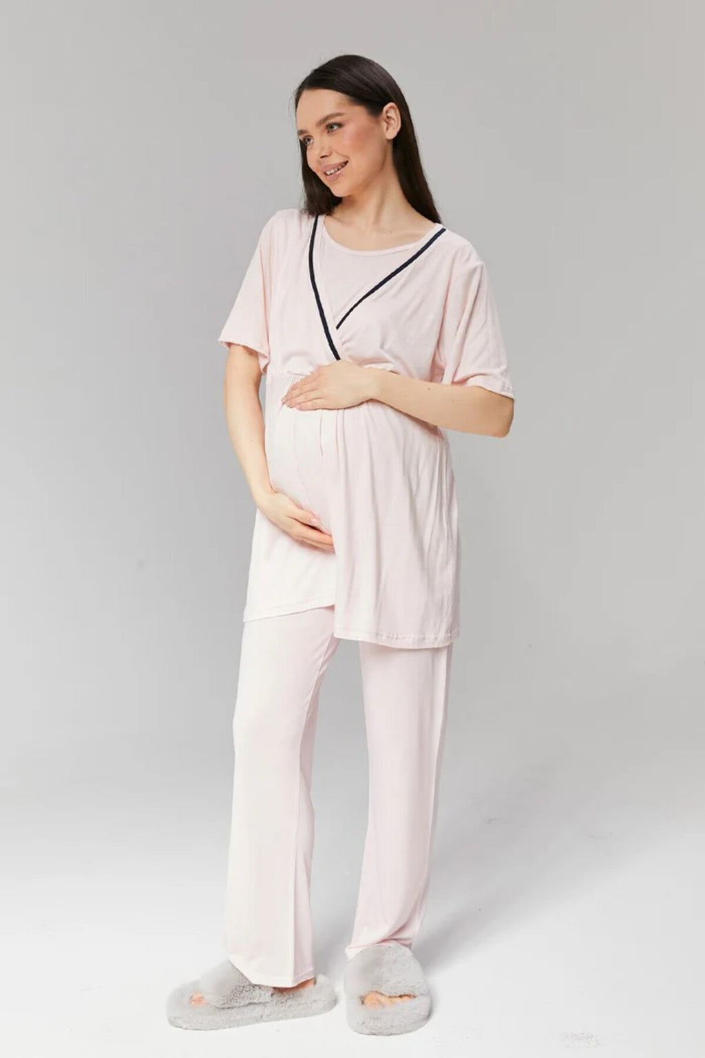 Pembe - Sabahlıklı Biye Geçişli Lohusa Pijama Takımı