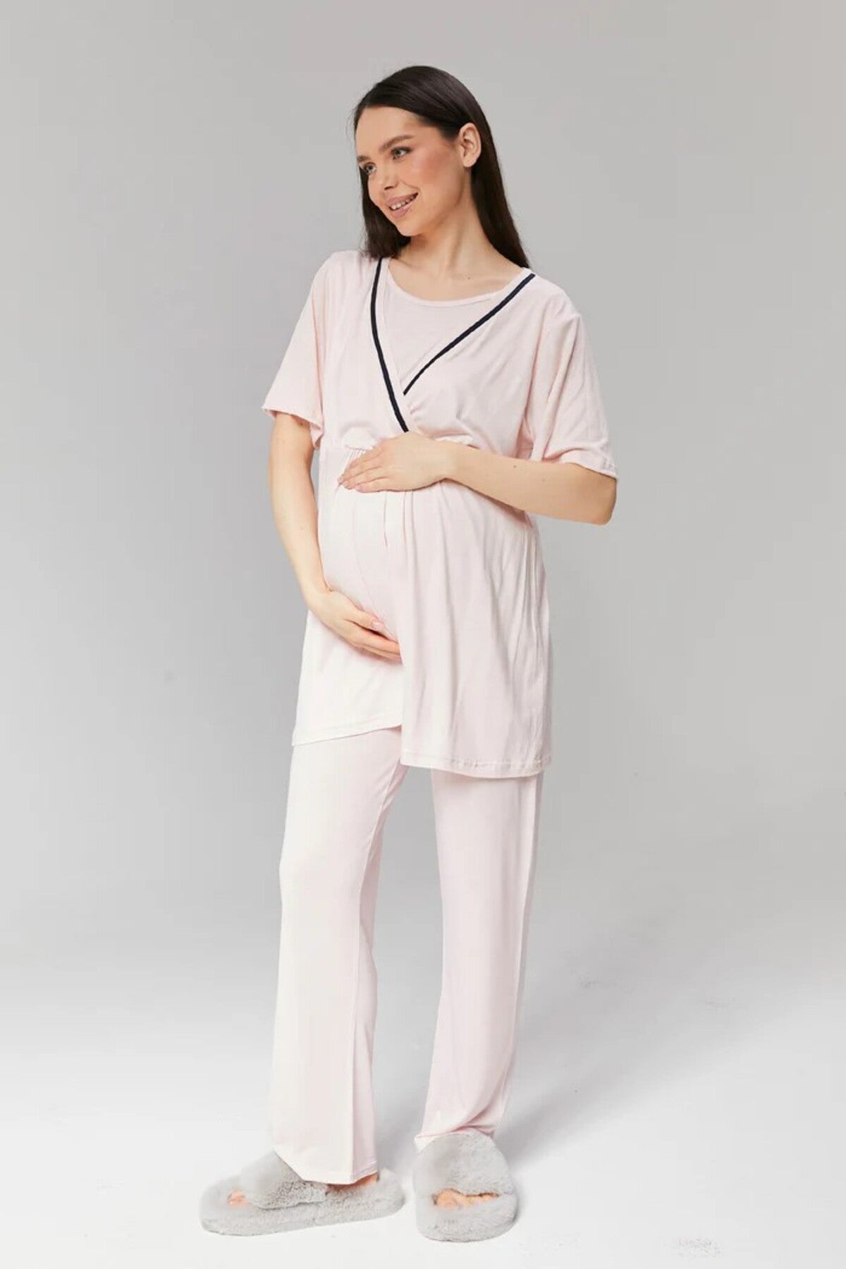 Pembe - Sabahlıklı Biye Geçişli Lohusa Pijama Takımı