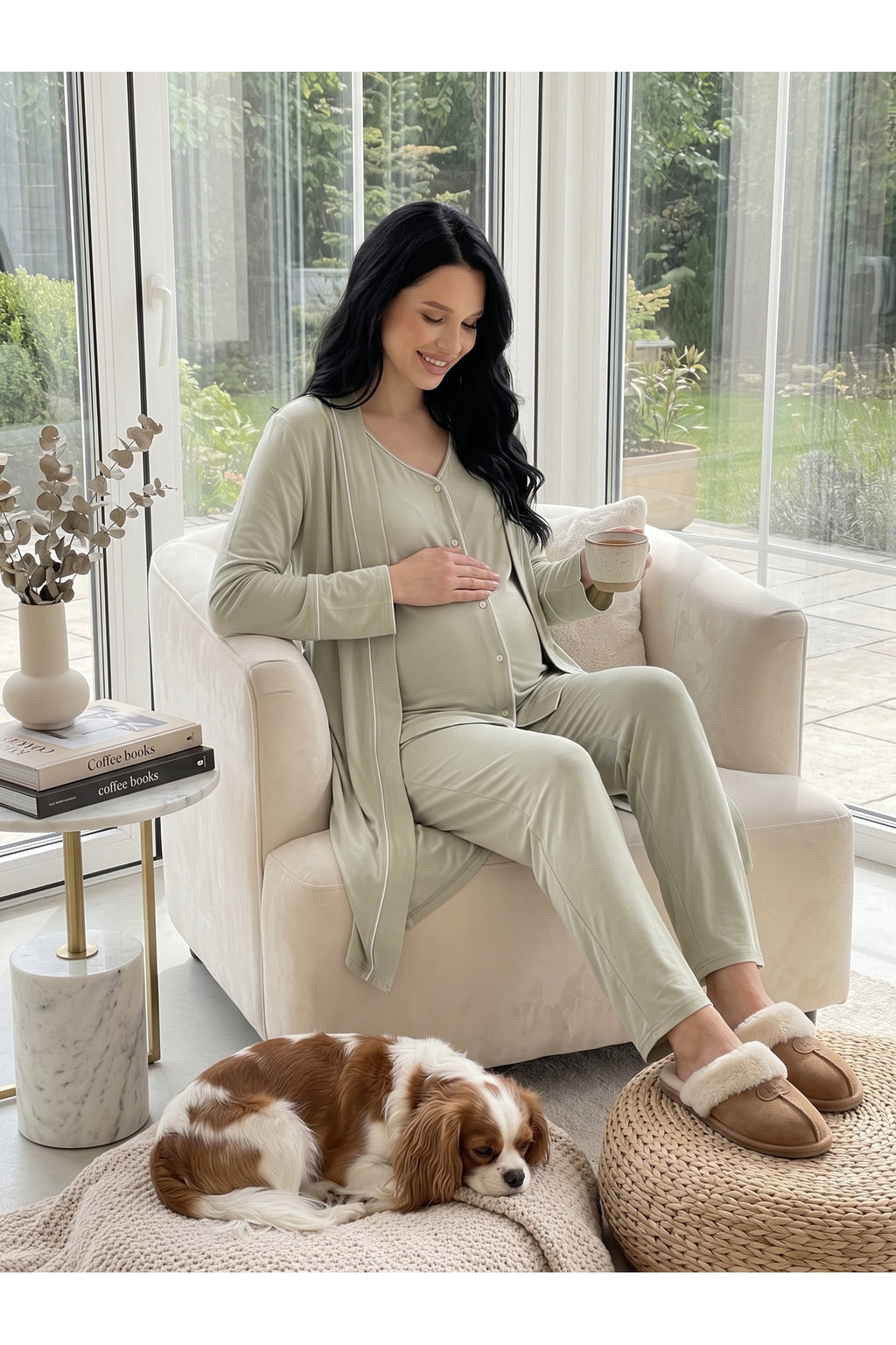 Yeşil Önden Düğmeli Sabahlıklı Lohusa & Hamile Pijama Takımı