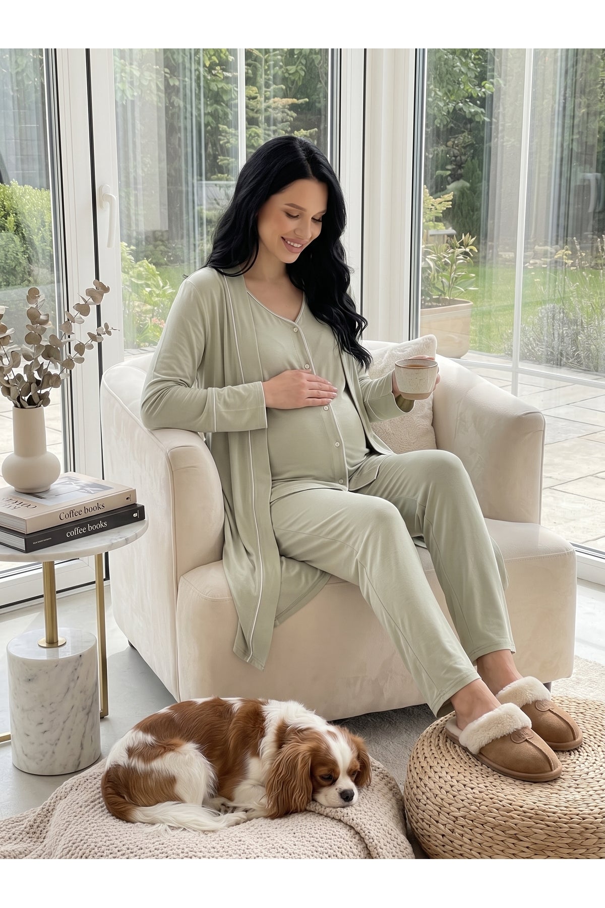 Yeşil Önden Düğmeli Sabahlıklı Lohusa & Hamile Pijama Takımı