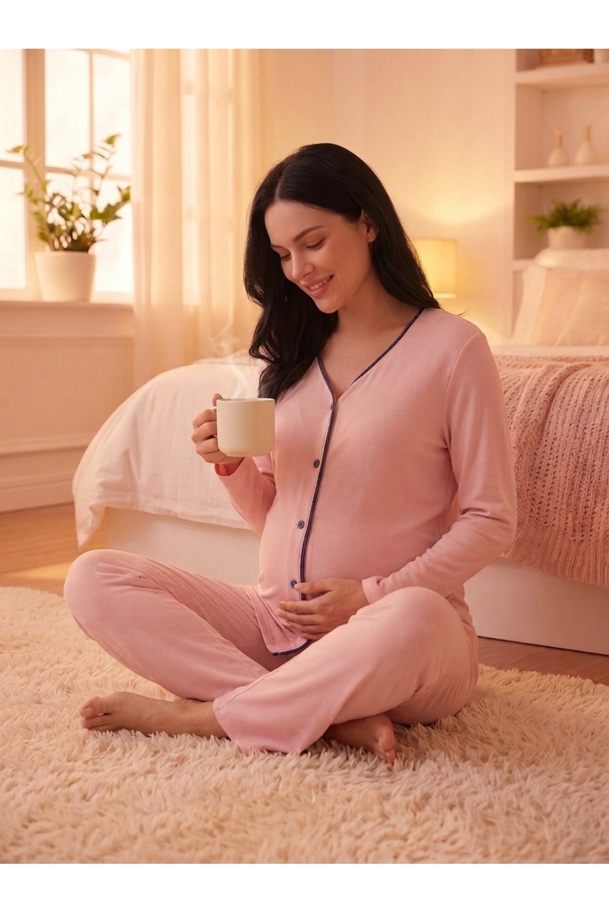 Viskon Dokulu Önden Düğmeli Pembe Lohusa & Hamile Pijama Takımı