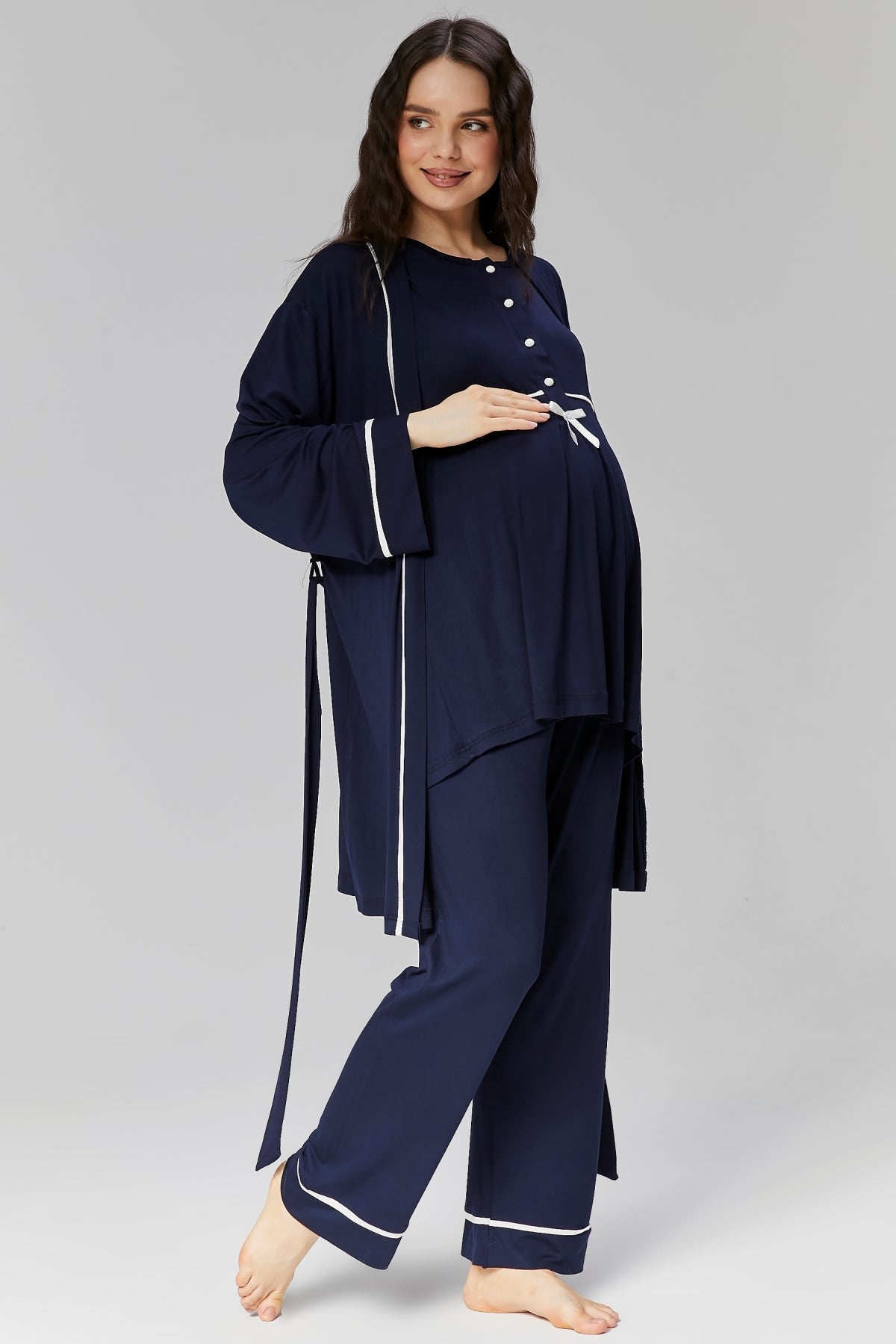 Lacivert - Sabahlıklı Biye Geçişli Lohusa Pijama Takımı