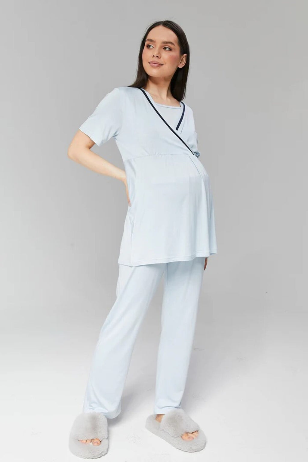 Mavi - Sabahlıklı Biye Geçişli Lohusa Pijama Takımı