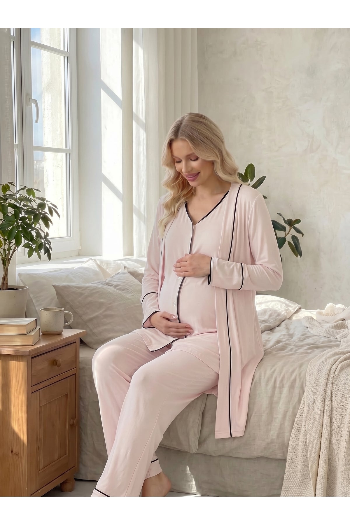Pembe - Viscoz Yumuşak Dokulu Önden Düğmeli Sabahlıklı Lohusa Pijama Takımı