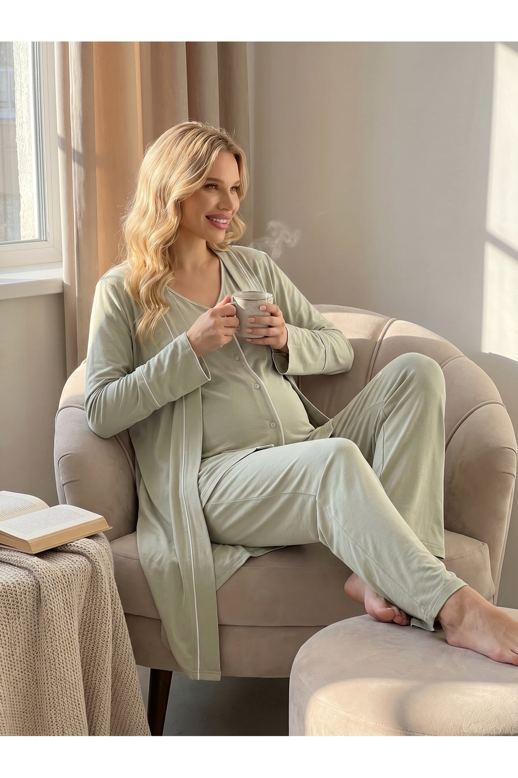 Yeşil - Viscoz Yumuşak Dokulu Önden Düğmeli Sabahlıklı Lohusa Pijama Takımı