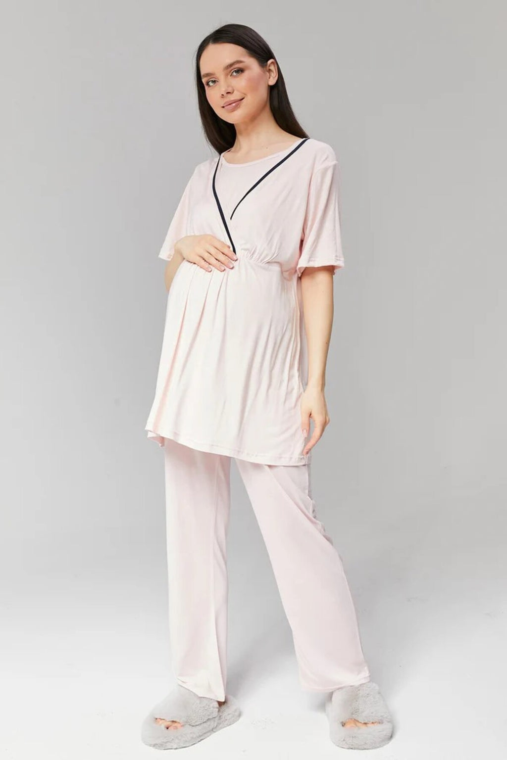 Pembe - Sabahlıklı Biye Geçişli Lohusa Pijama Takımı