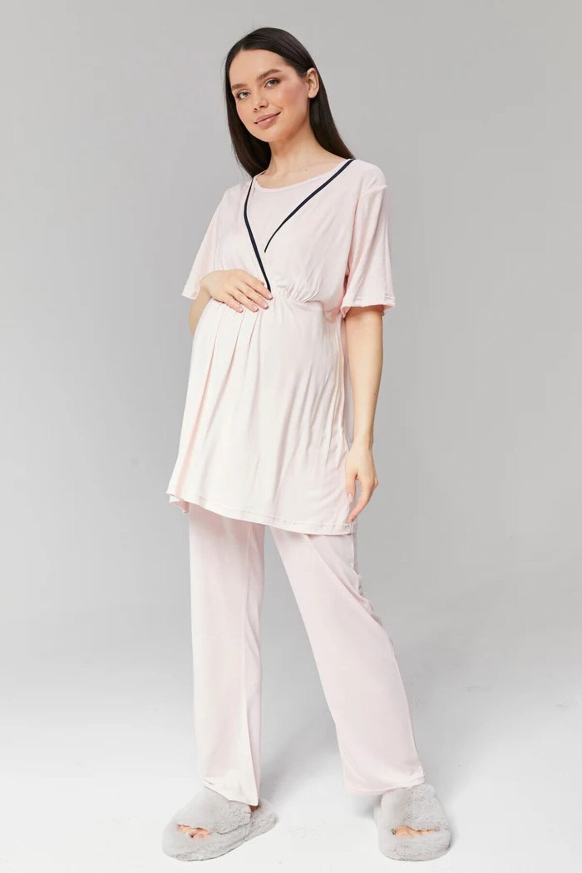Pembe - Sabahlıklı Biye Geçişli Lohusa Pijama Takımı