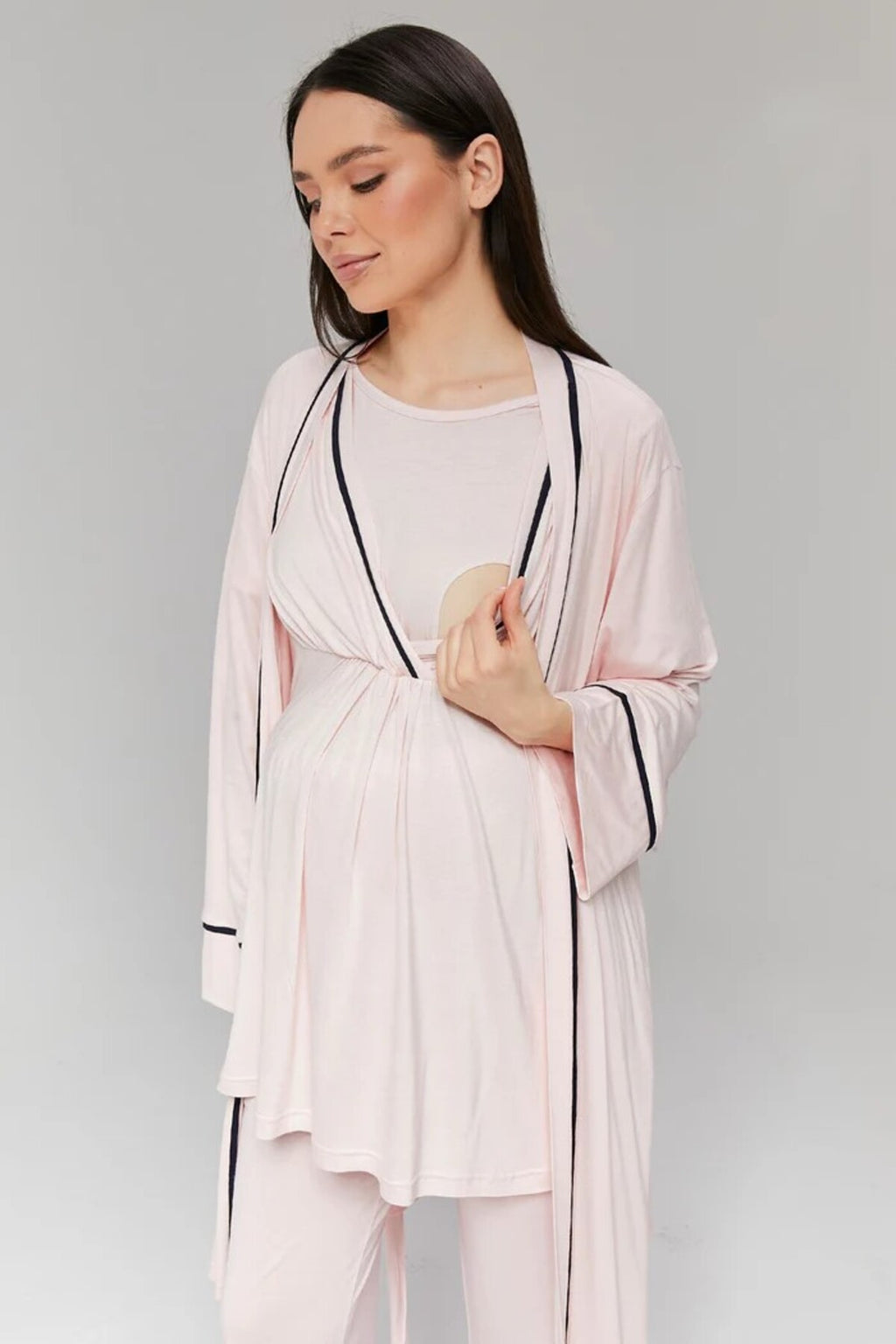 Pembe - Sabahlıklı Biye Geçişli Lohusa Pijama Takımı