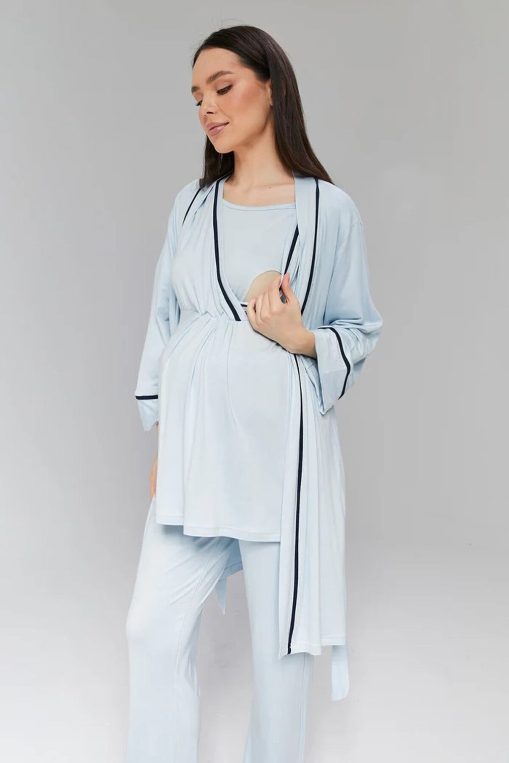 Mavi - Sabahlıklı Biye Geçişli Lohusa Pijama Takımı