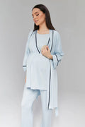 Mavi - Sabahlıklı Biye Geçişli Lohusa Pijama Takımı