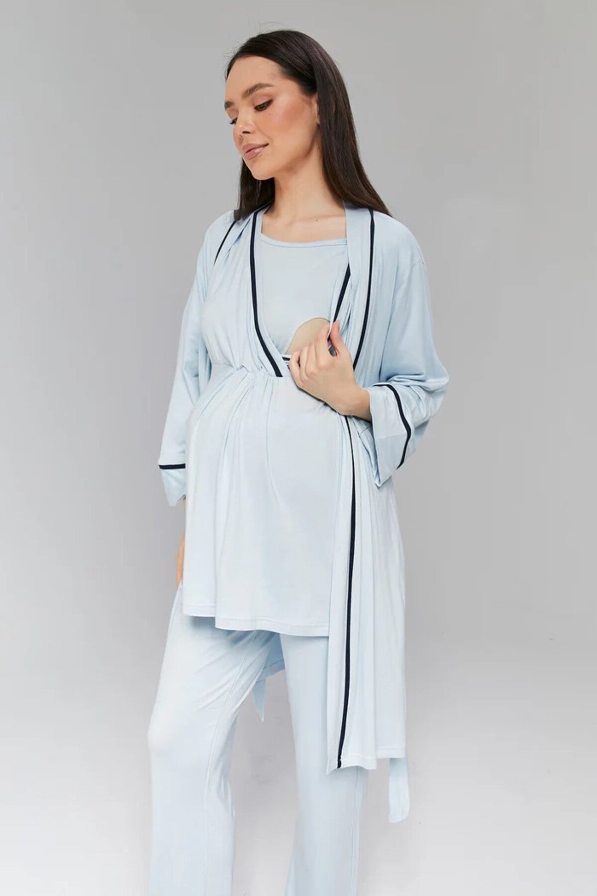 Mavi - Sabahlıklı Biye Geçişli Lohusa Pijama Takımı