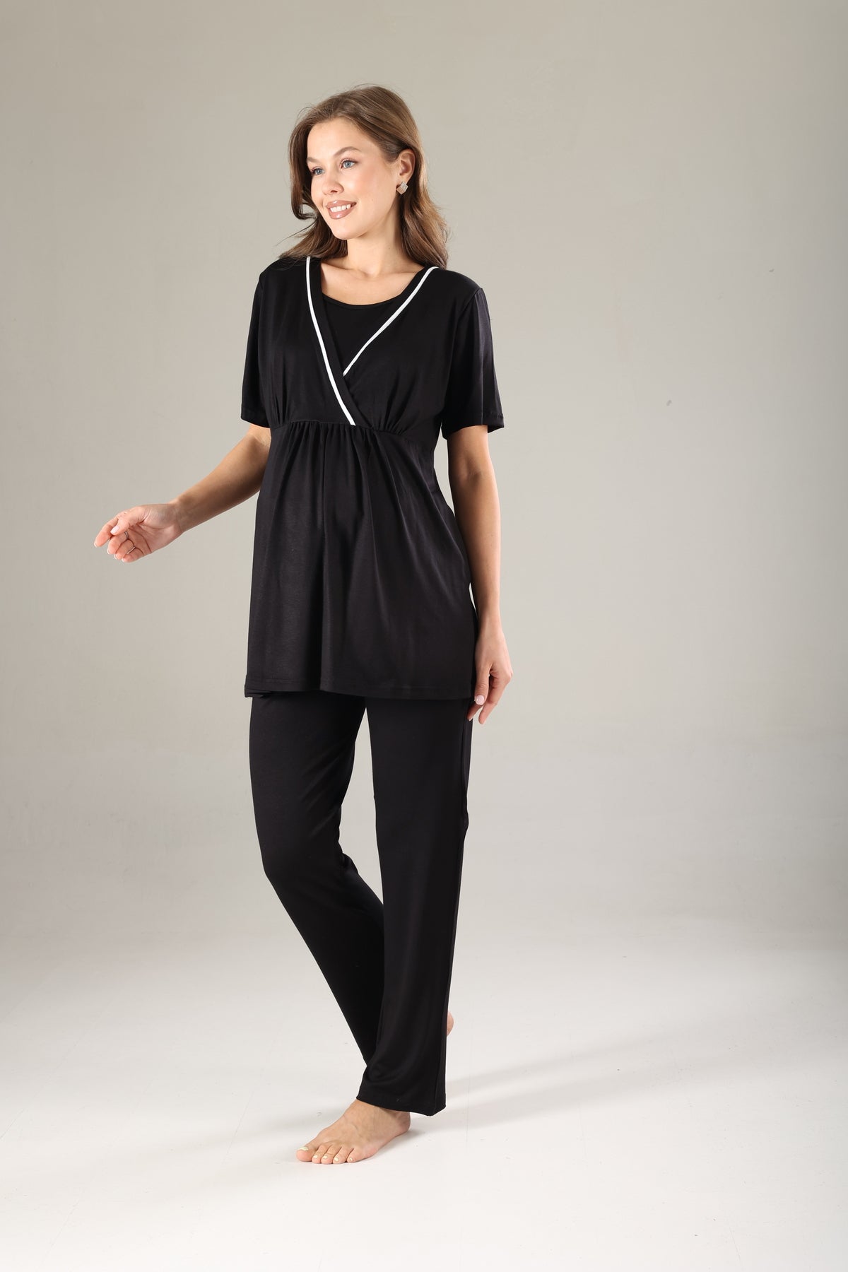 Siyah - Sabahlıklı Biye Geçişli Lohusa Pijama Takımı