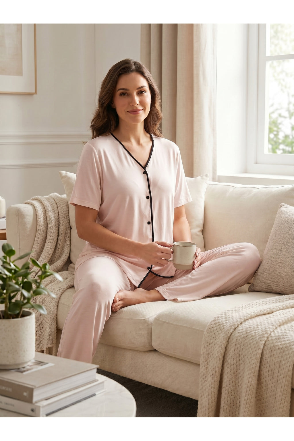 Pembe - Viscoz Yumuşak Dokulu Önden Düğmeli Sabahlıklı Lohusa Pijama Takımı
