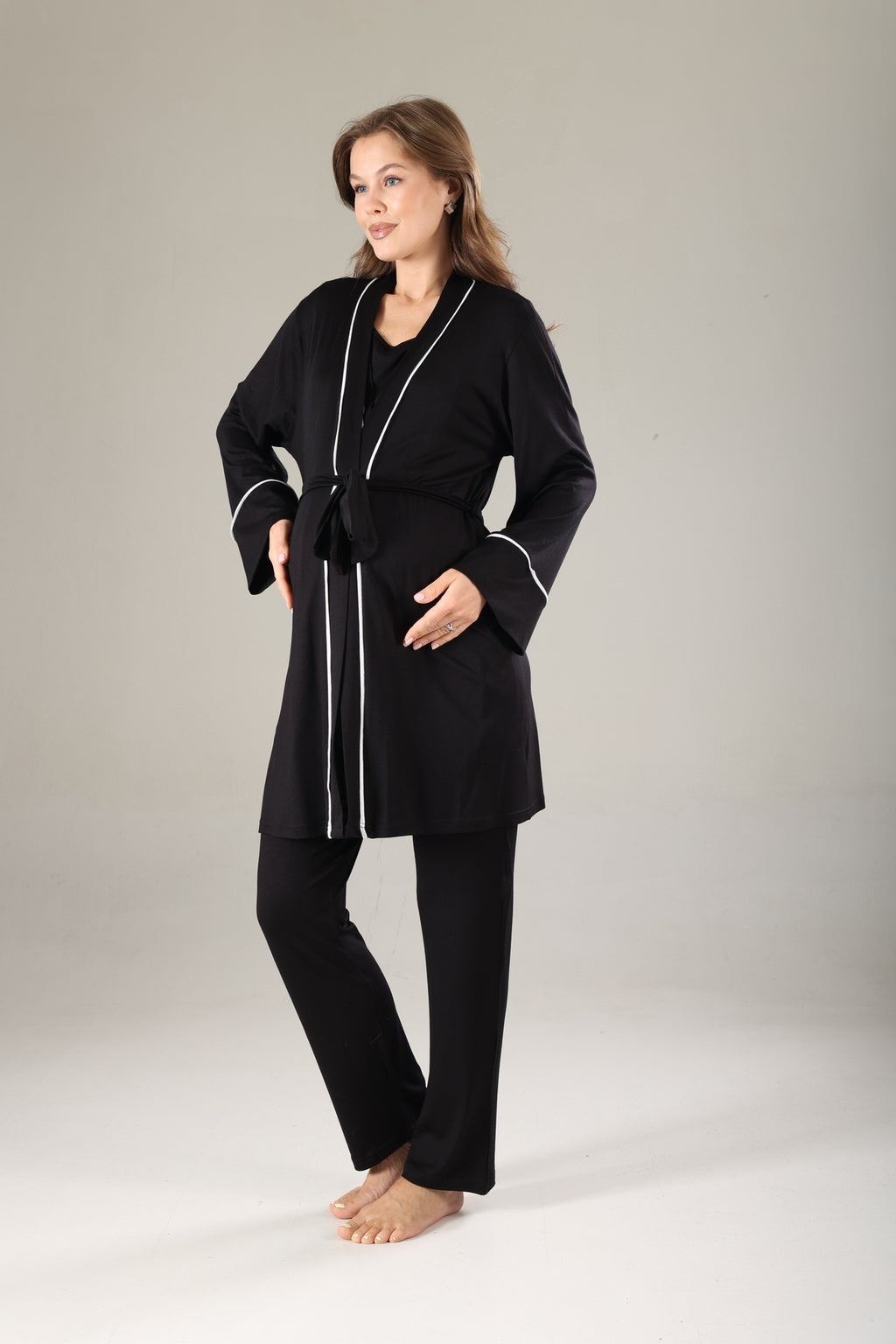 Siyah - Sabahlıklı Biye Geçişli Lohusa Pijama Takımı